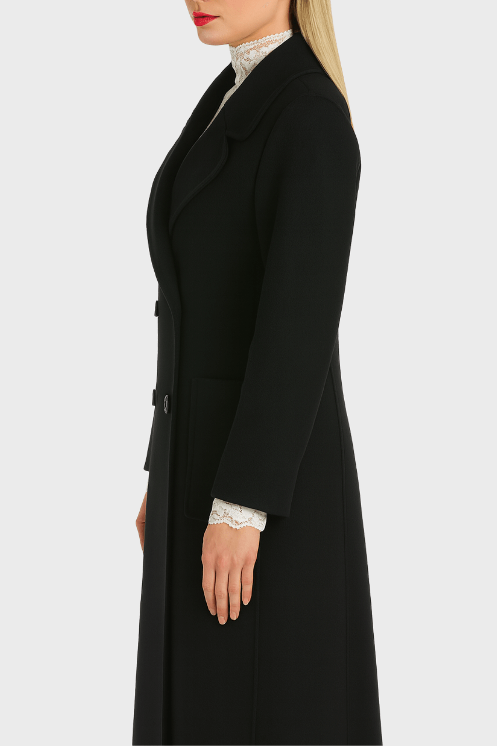 Elegant Black Double Breasted Wool Long Coat