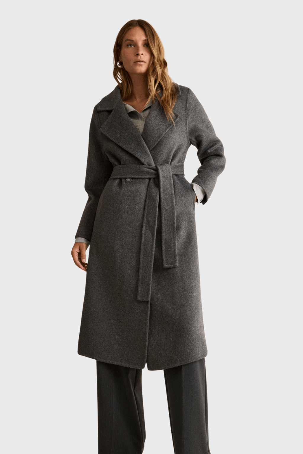 Long Double Breasted Belted Grey Coat in Wool Blend