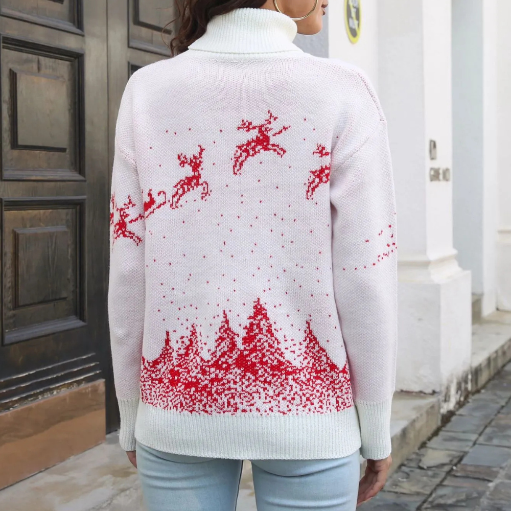 Megan | White Christmas Jumper – Reindeer Print, Knitted & Warm