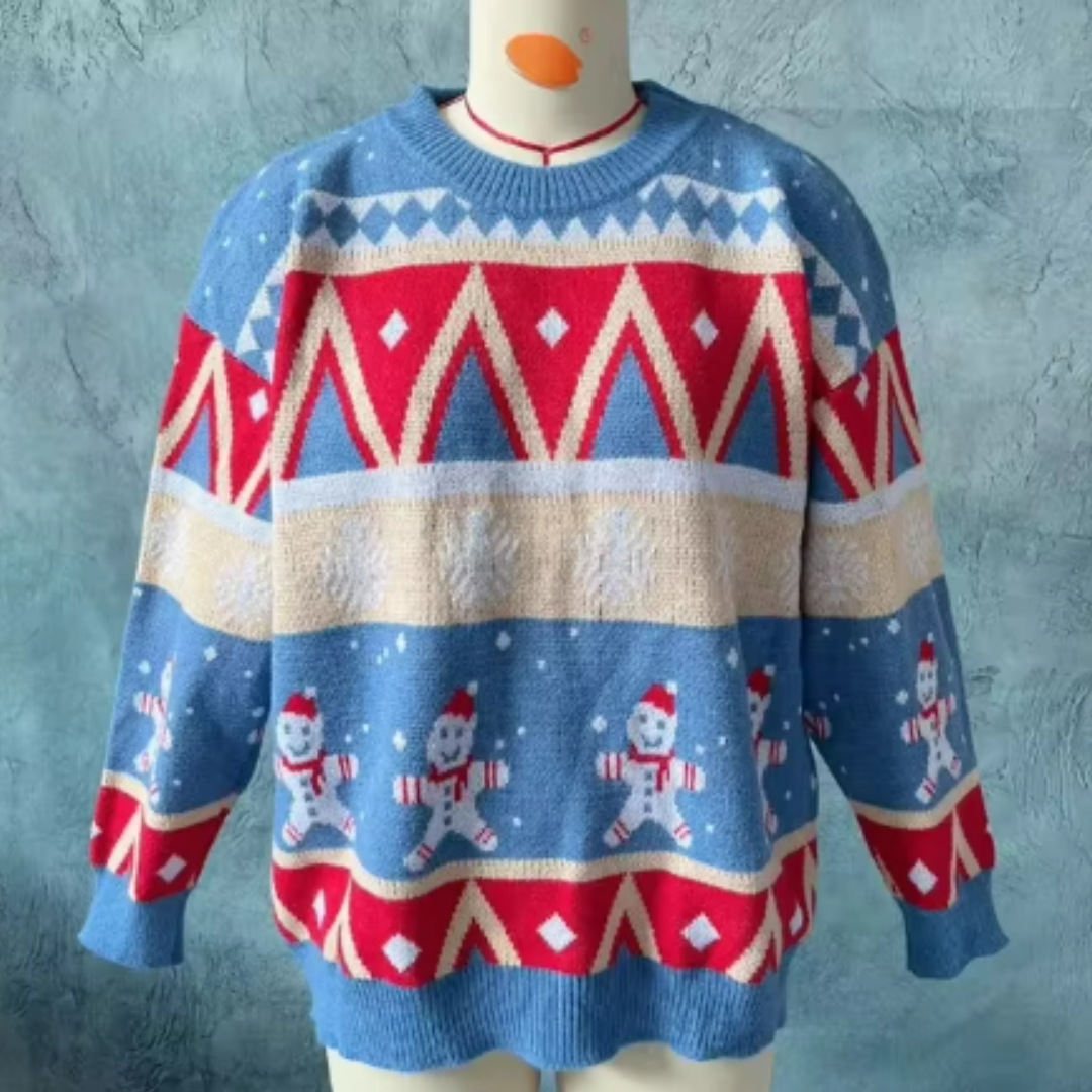 Rosie | Knitted Christmas Jumper – Gingerbread Print