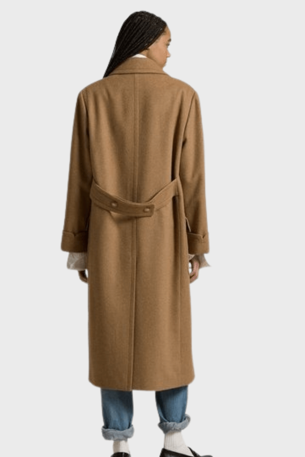 Brown Wool Belted Double Breasted Long Coat