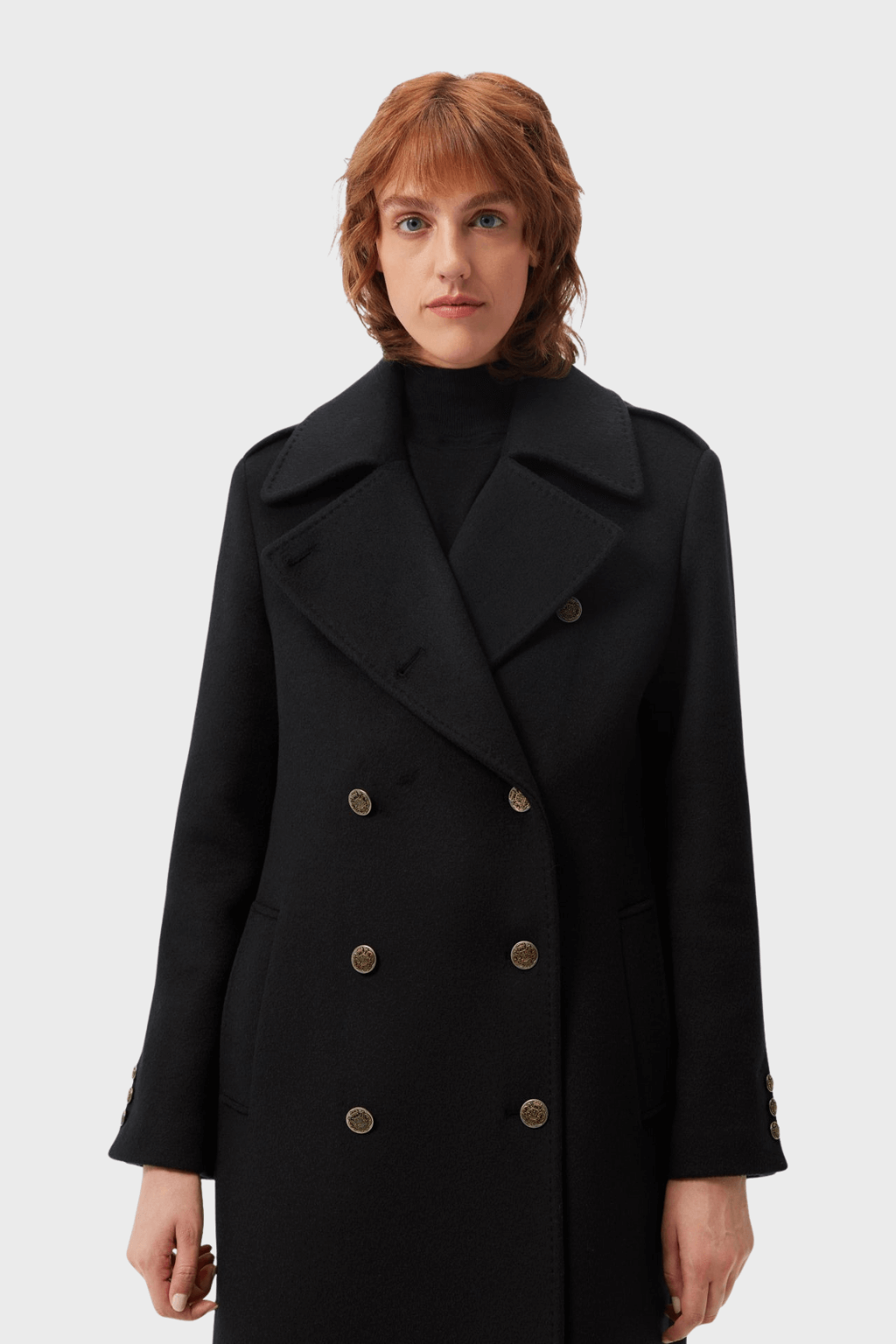 Black Wool Elegant Double Breasted Long Coat