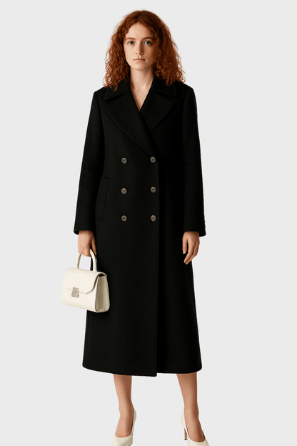 Classic Black Wool Double Breasted Long Coat