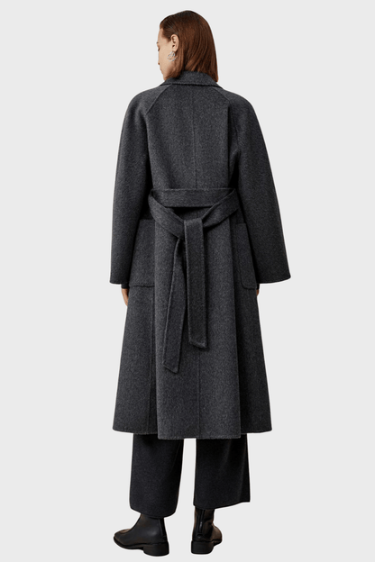 Belted Double-Breasted Grey Wool Coat