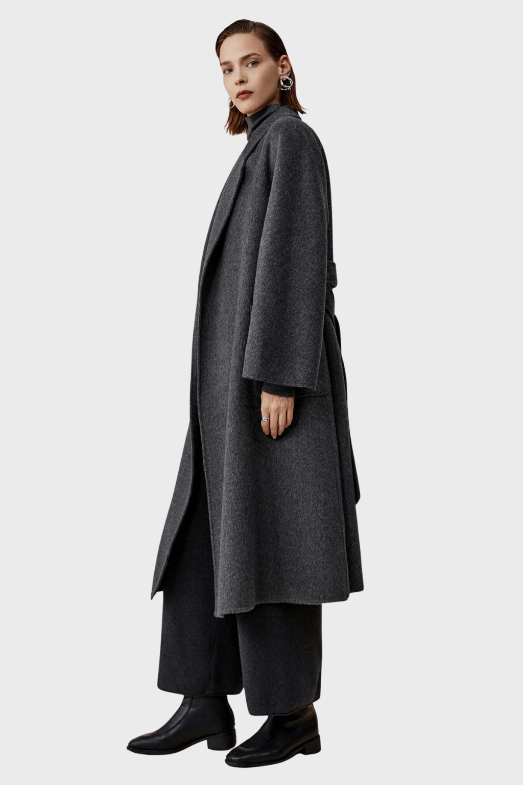 Belted Double-Breasted Grey Wool Coat