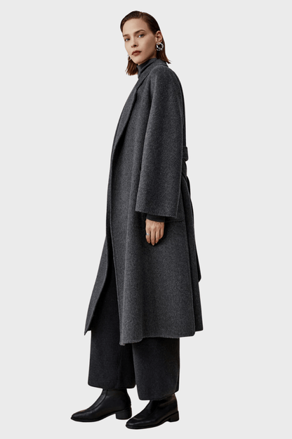 Belted Double-Breasted Grey Wool Coat