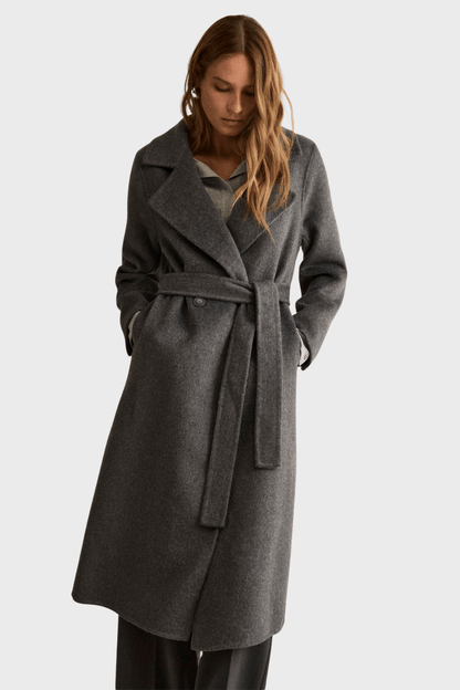 Long Double Breasted Belted Grey Coat in Wool Blend