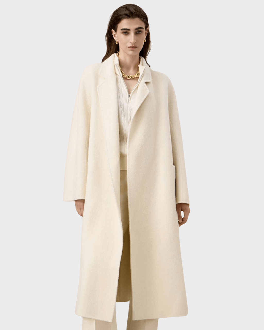 Double-Breasted White Wool Coat