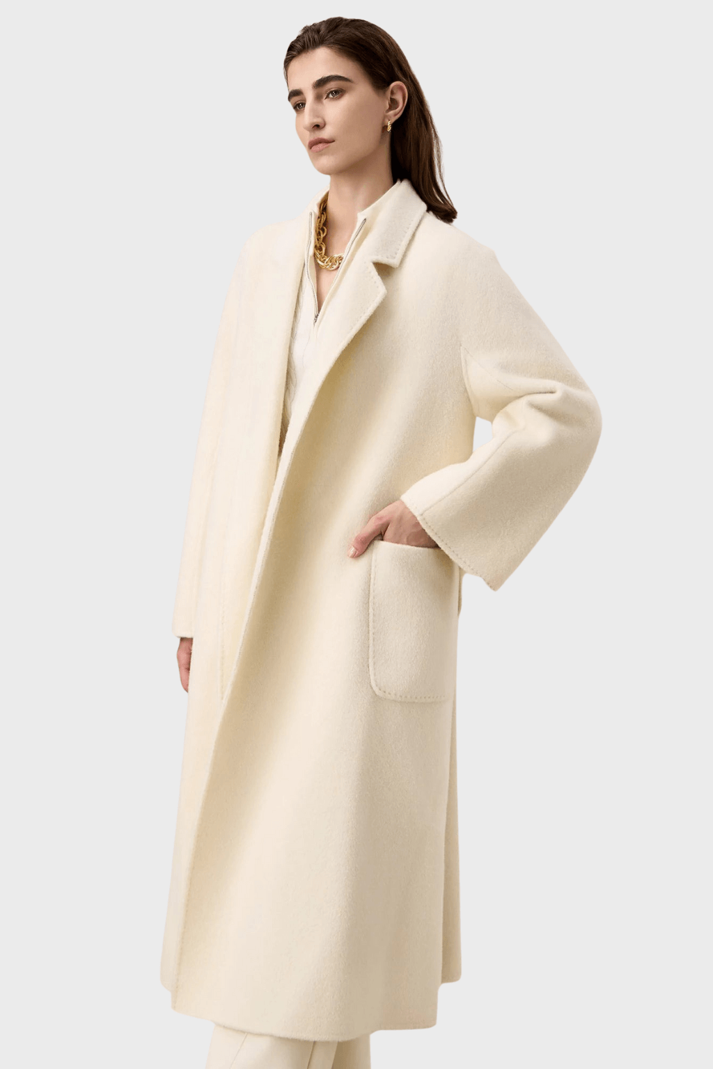 Double-Breasted White Wool Coat