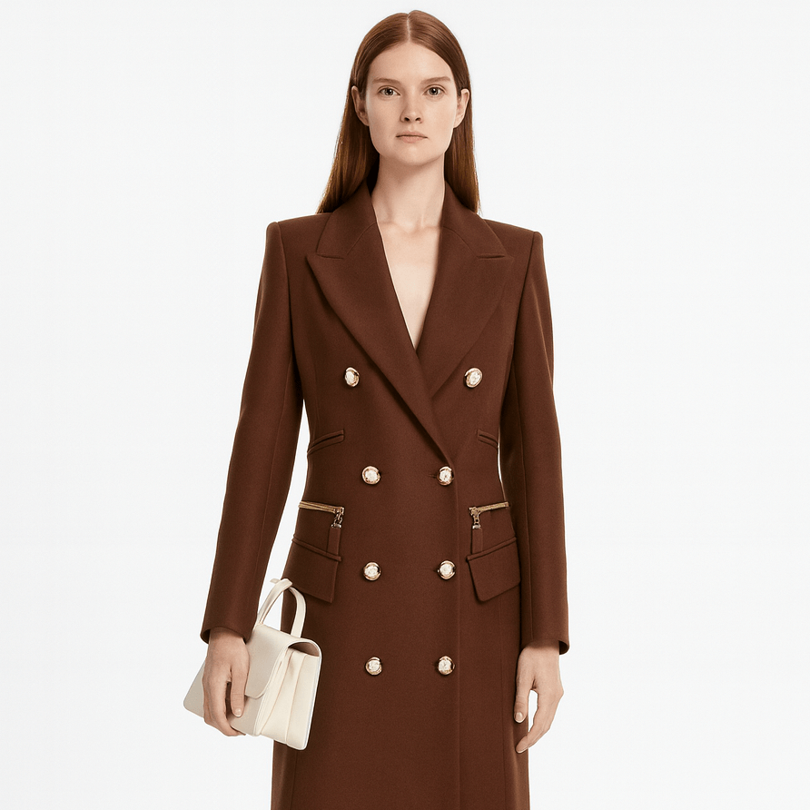 Classic Brown Long Double Breasted Wool Coat