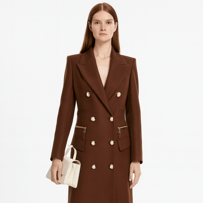Classic Brown Long Double Breasted Wool Coat