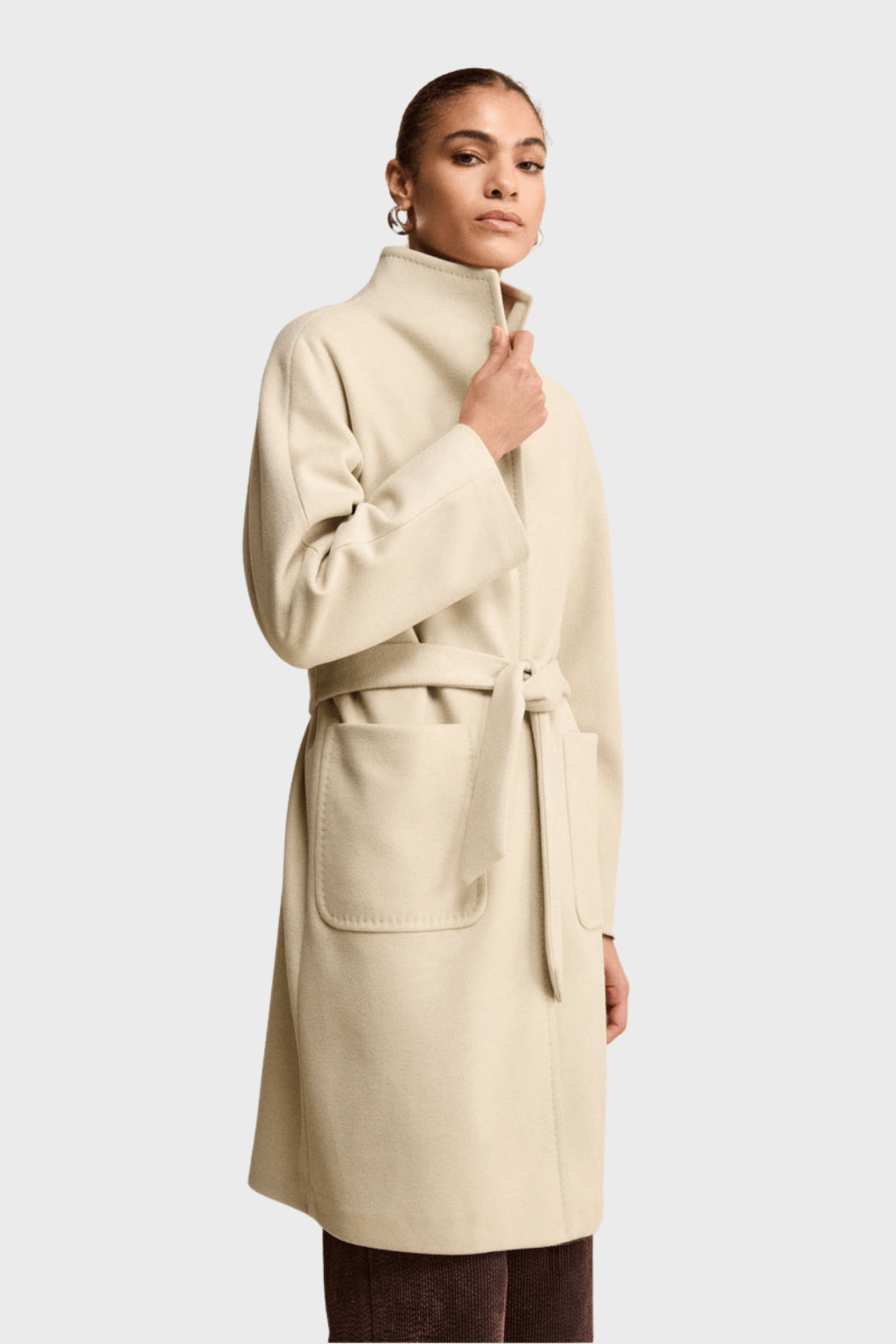 Long Lined Belted Beige Wool Coat