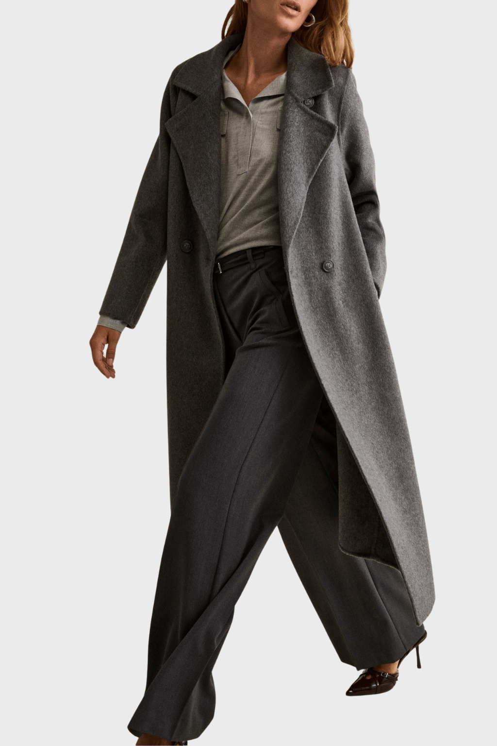 Long Double Breasted Belted Grey Coat in Wool Blend