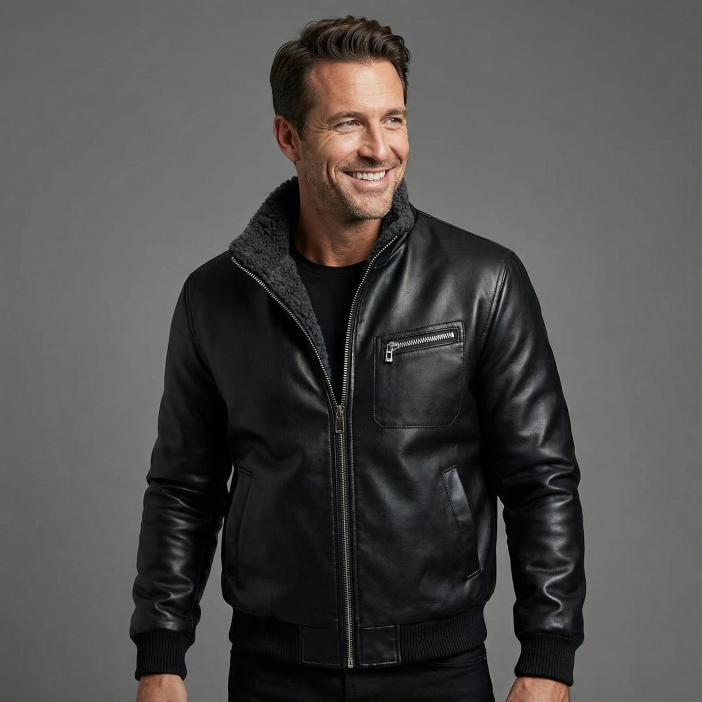 Blake | Sherpa-Lined Black Leather Winter Jacket