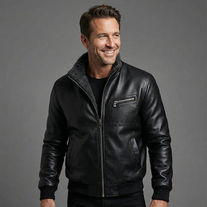 Blake | Sherpa-Lined Black Leather Winter Jacket