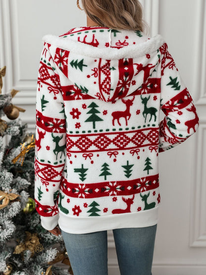 Harper | White Christmas Hoodie – Reindeer Print, Knitted & Warm