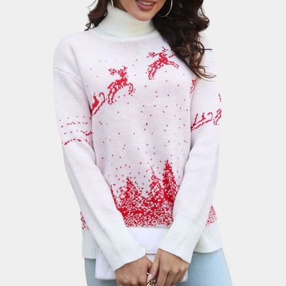 Megan | White Christmas Jumper – Reindeer Print, Knitted & Warm