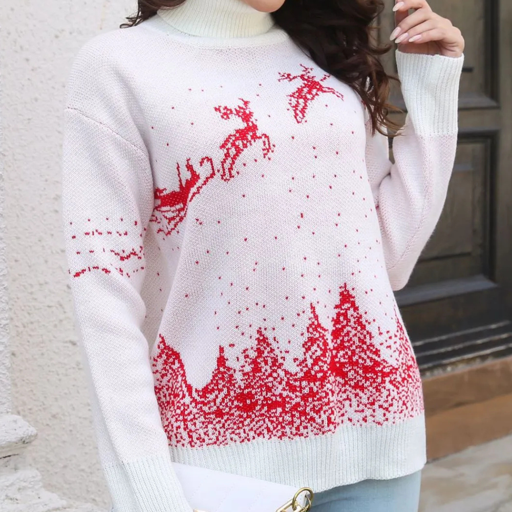 Megan | White Christmas Jumper – Reindeer Print, Knitted & Warm