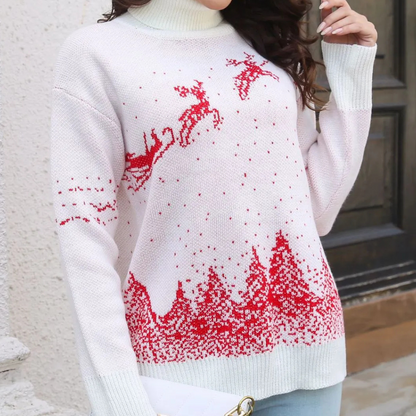 Megan | White Christmas Jumper – Reindeer Print, Knitted & Warm