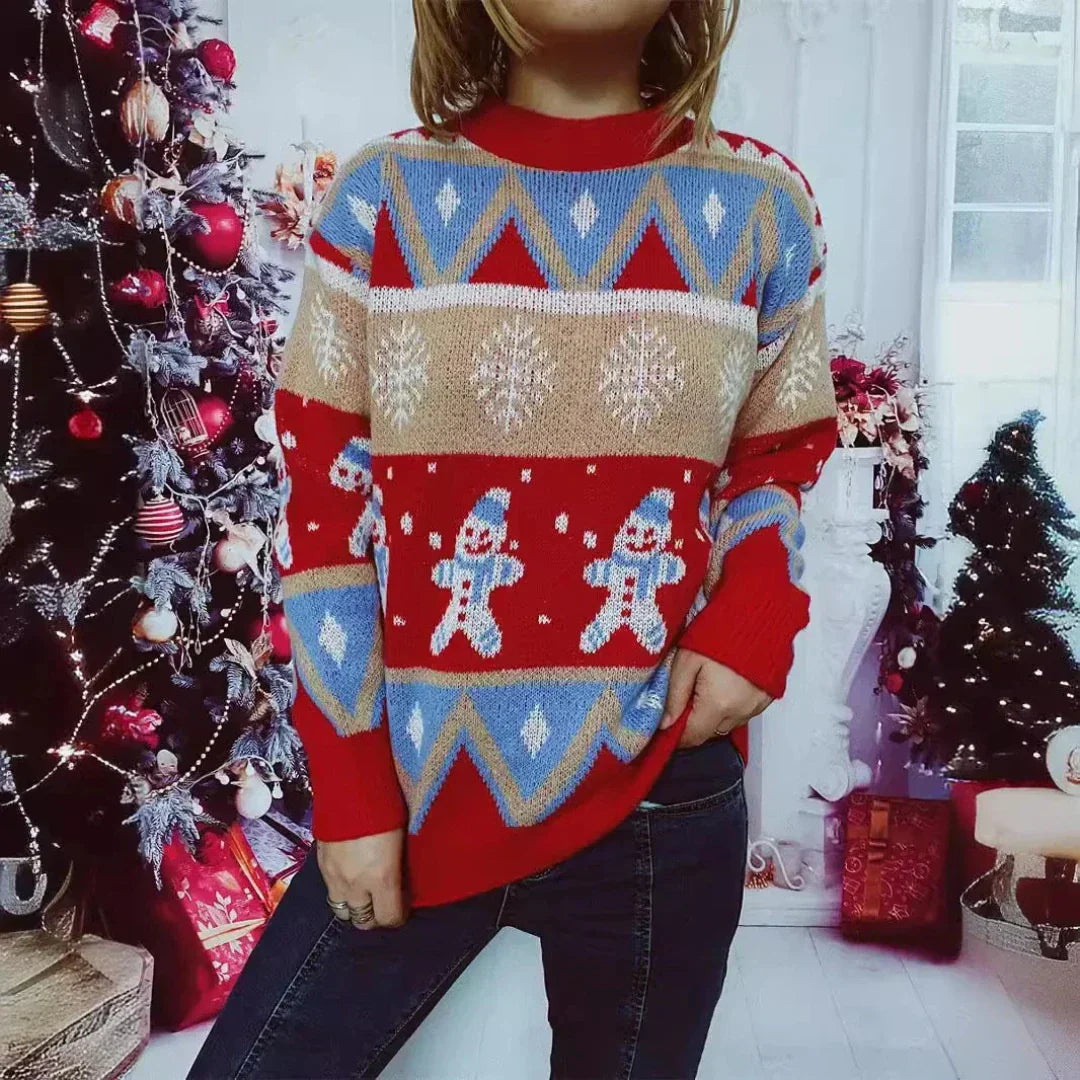 Rosie | Knitted Christmas Jumper – Gingerbread Print