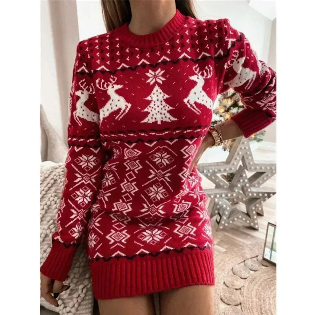 Millie | Knitted Christmas Jumper Dress – Reindeer Print