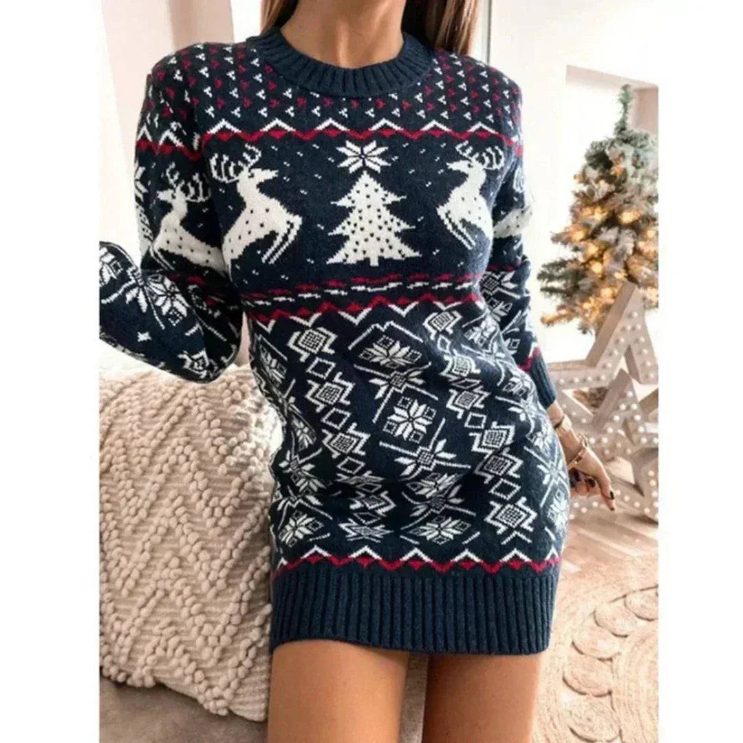 Millie | Knitted Christmas Jumper Dress – Reindeer Print